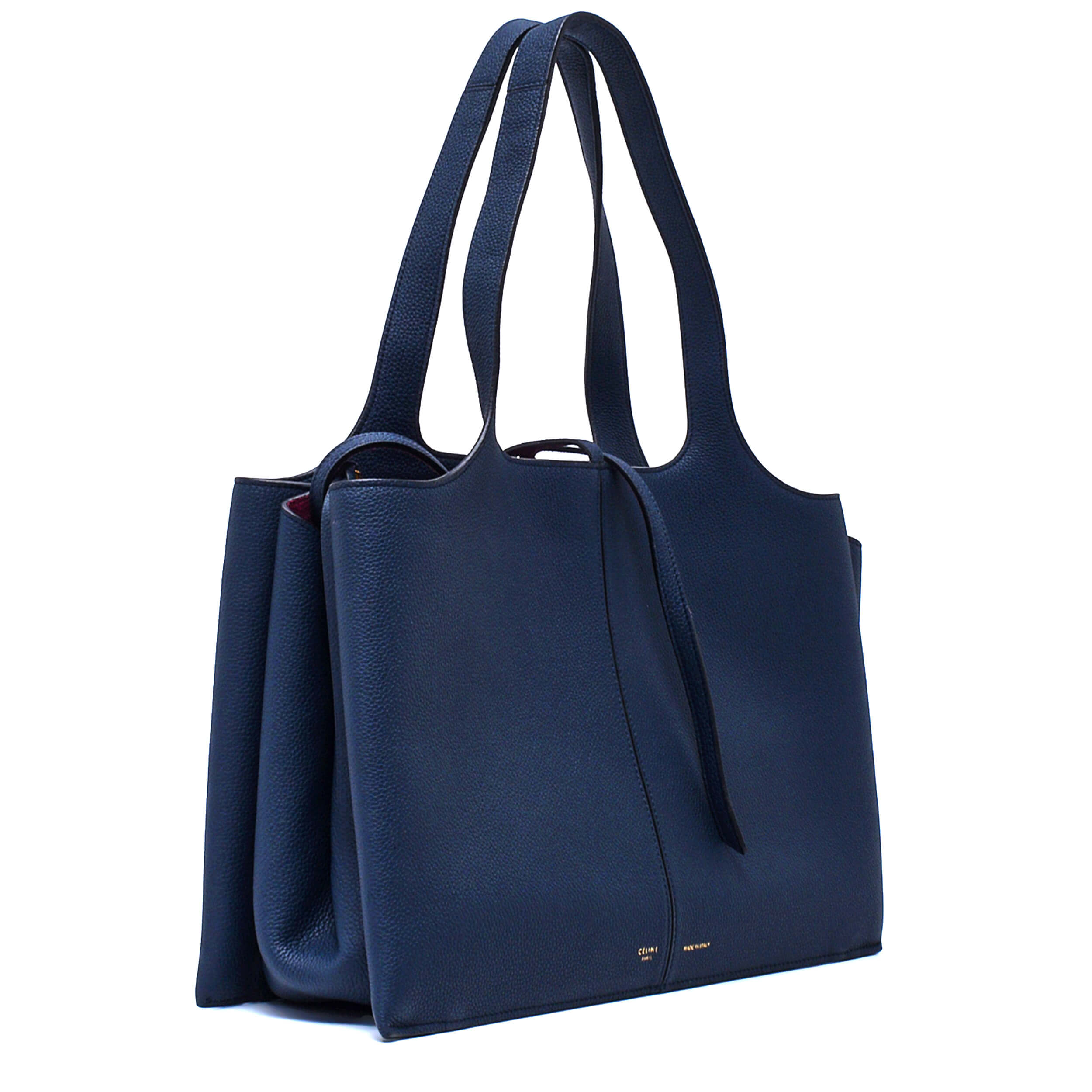 Celine - Navy Blue Grained Calfskin Leather Medium Tri Fold Tote Bag